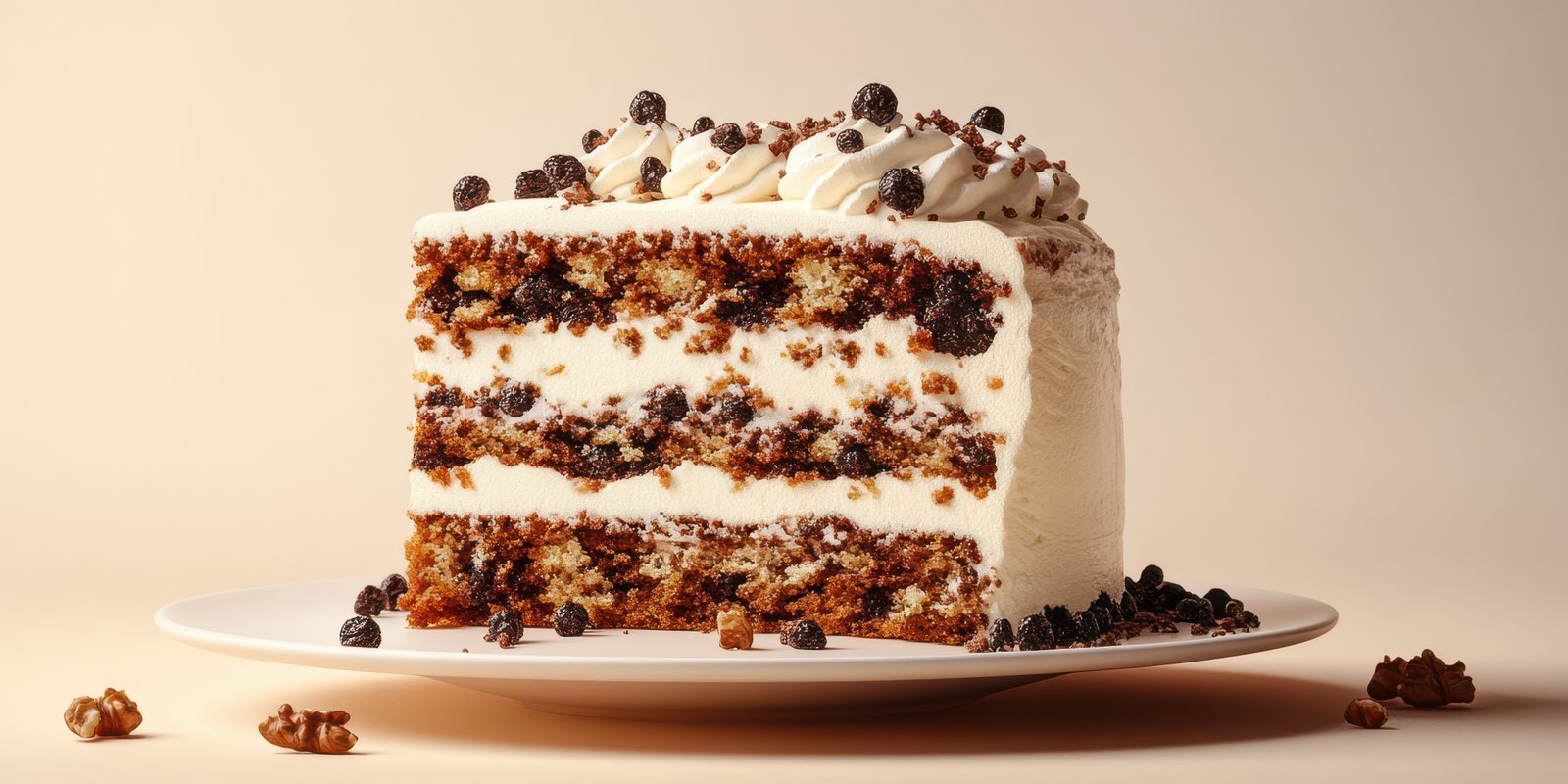 Delicious layered cake with cream frosting and chocolate sprinkles on a neutral background